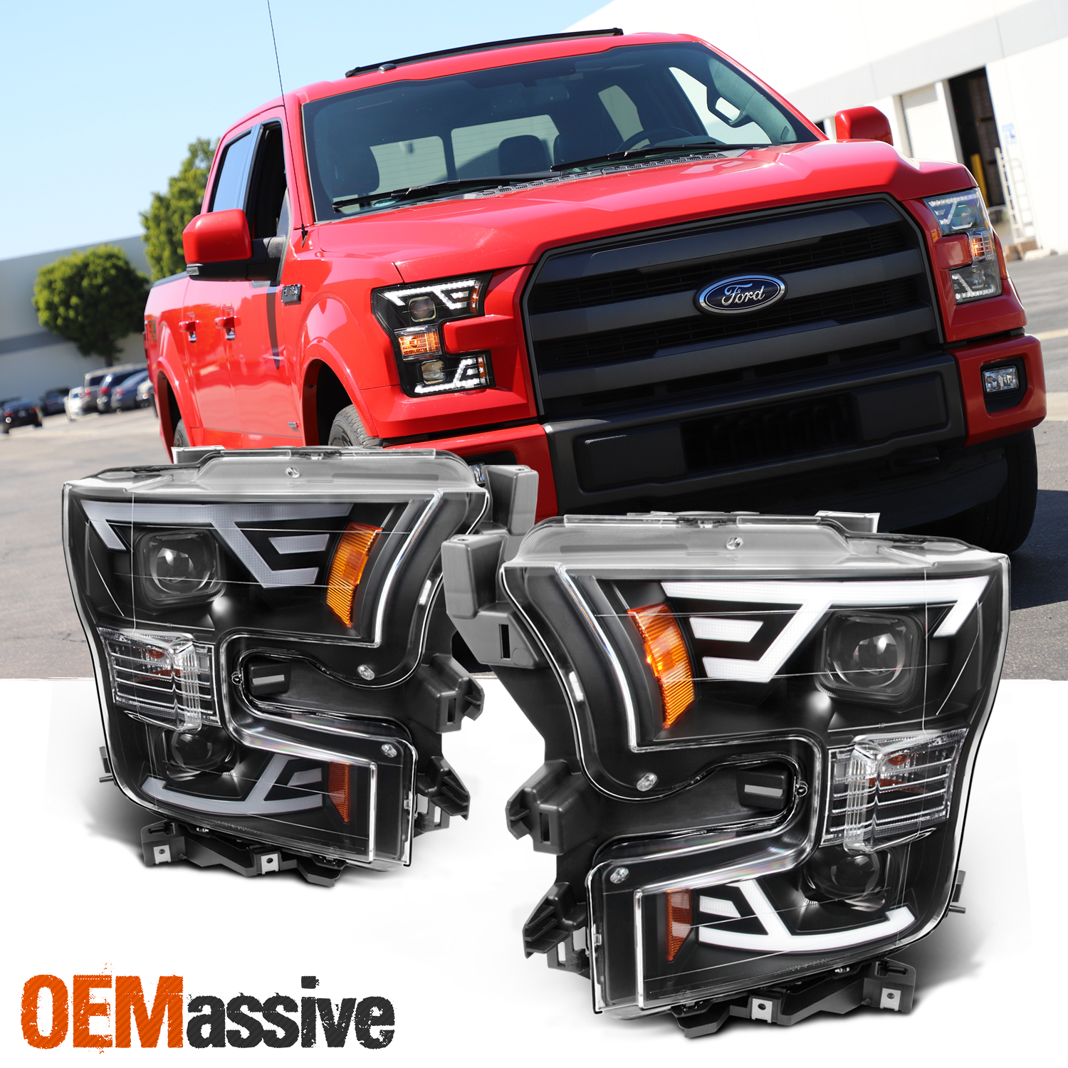 [BLACK] FITS 2015 2016 2017 Ford F150 Light Bar Projector Headlights